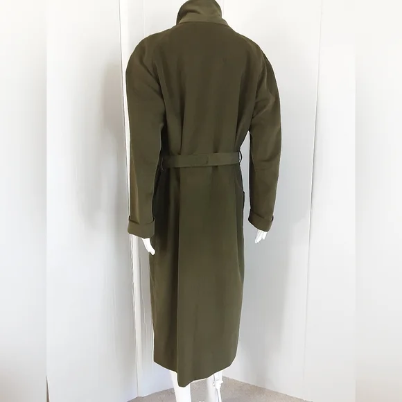 Green Corduroy 100% Cotton Shawl Collar Belted Open Front Pocket Long Coat Sz L - Picture 5 of 7